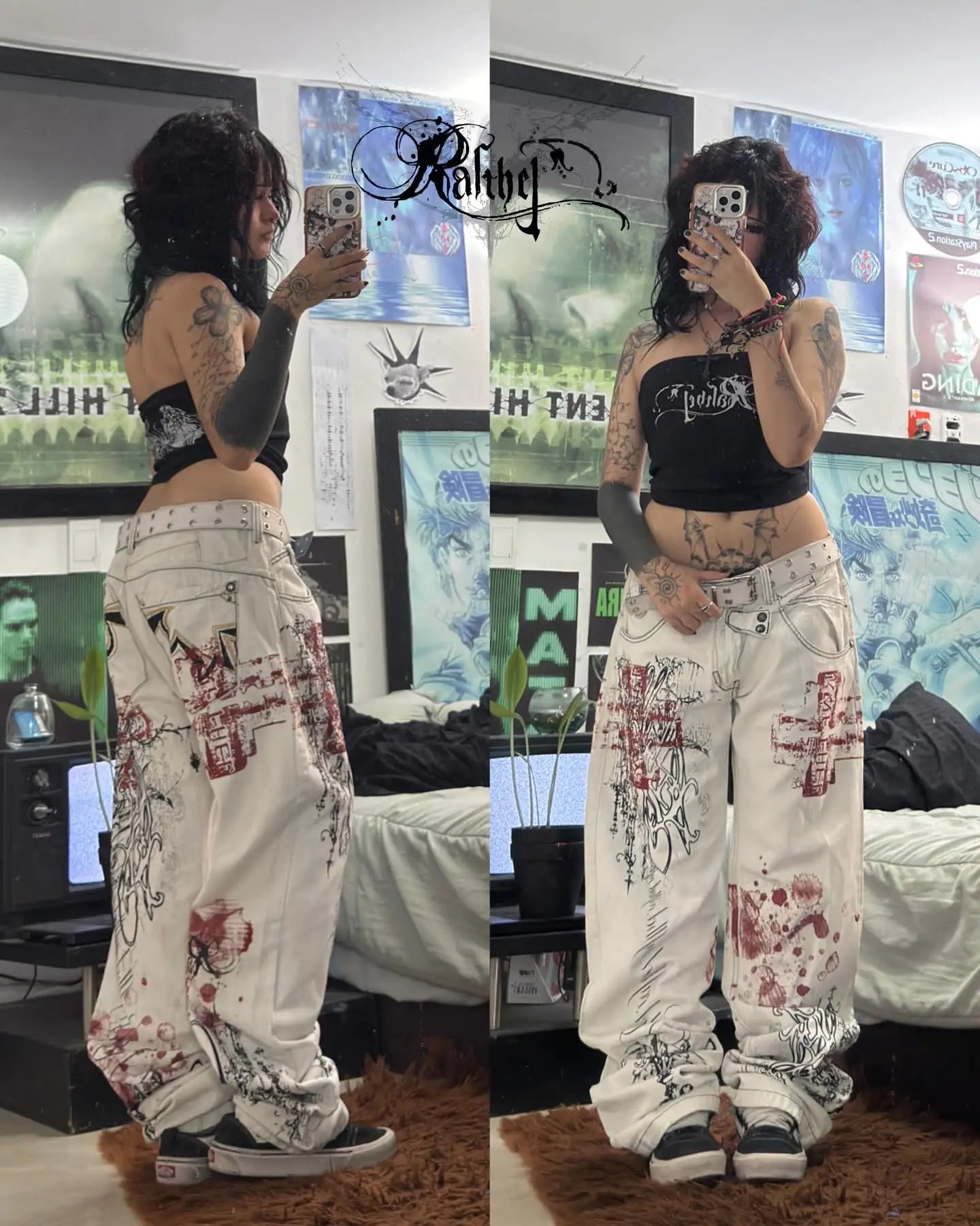 New Cyberpunk Jeans Mens American Y2K Red Graphic Street Goth Baggy Wide-Leg Pants Harajuku Hip-Hop Straight Pants