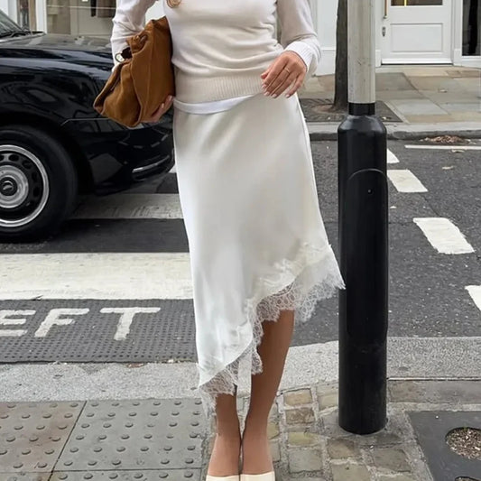 Talenza White Lace Skirts Women Fashion Irregular Lace Patchwork Slim Skirts High Waist Streetwear Party Looks Female Maxi Skirt
