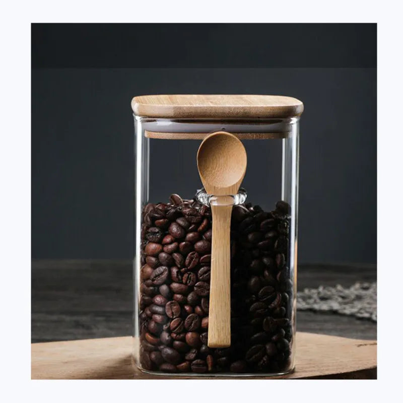 Glass Square Storage Jar with Bamboo Lids Spoon Glass Coffee Canister Food Container for Beans Pasta Candy Spice Rice Loose Tea