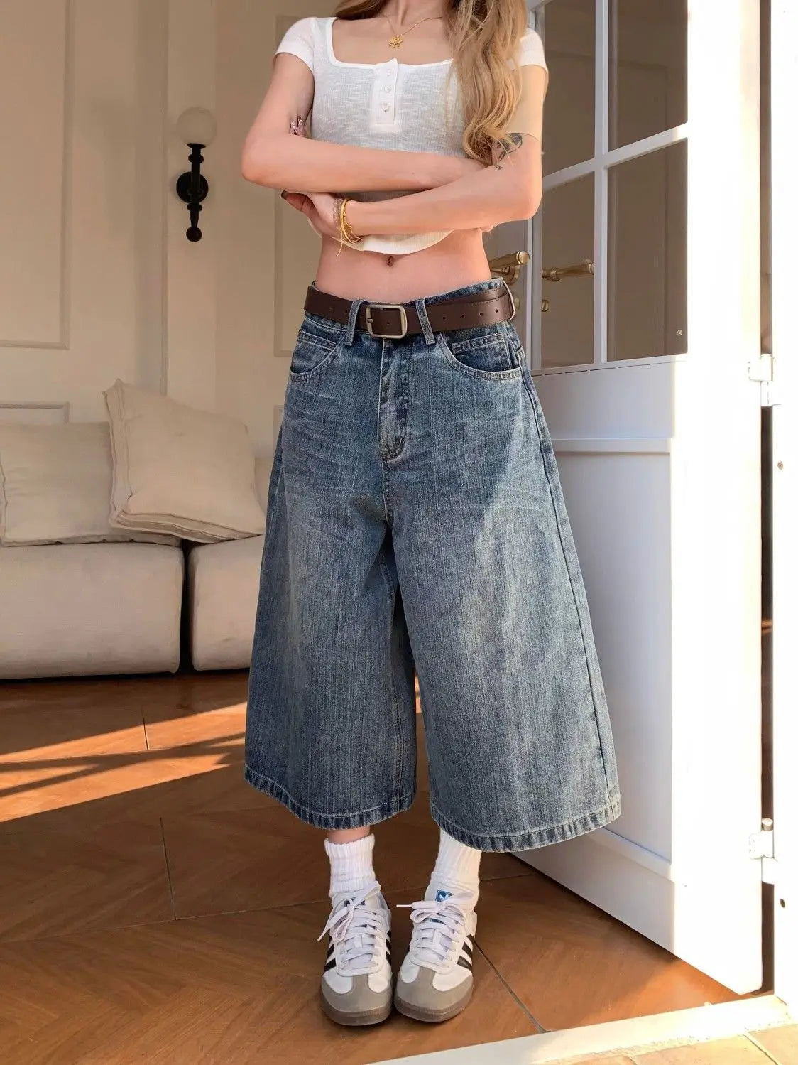 American retro plaid pocket wide-leg short jeans for women loose and casual straight high waist slimming men and women pants
