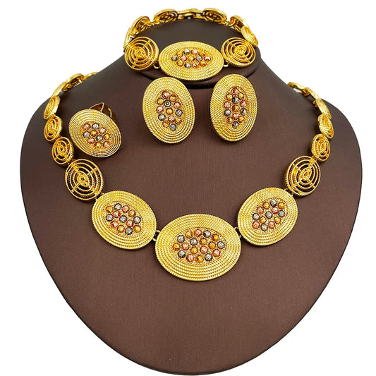 Fashion 18K  Gold Plated Jewelry Set Women Minimalist Three-colored Beads Necklace Matching Same Style Bracelet Earrings Ring