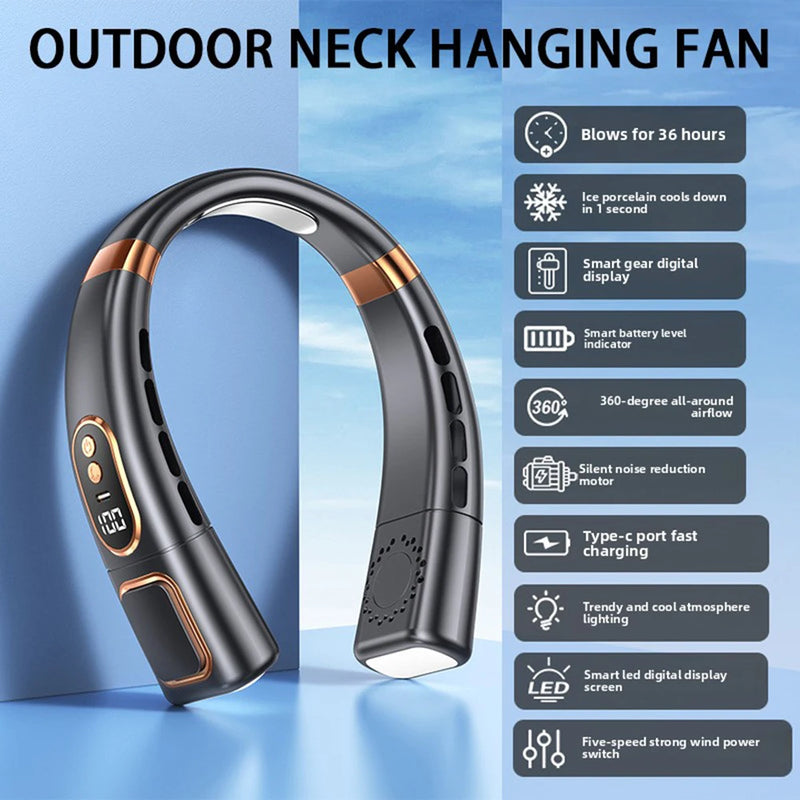 Portable Neck Fan With Digital Display & Led Light Low Noise Lightweight Hand-free Quiet Cooling Fan For Outdoor Sports Summer