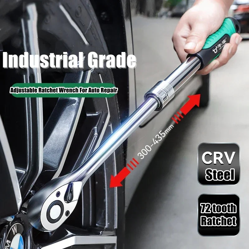 72-Tooth Ratchet Wrench Set, Chrome Vanadium Steel, Automatic Two-Way Mechanism, Stretchable, Ergonomic Grip, with Quick Socket