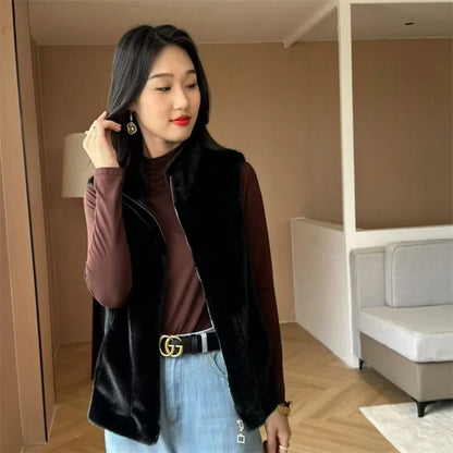 Furs Coat Autumn Winter New Imitation Mink Vest Jacket Female Fashion Western Sleeveless Coat Thick Waistcoat Outwear Women Tops