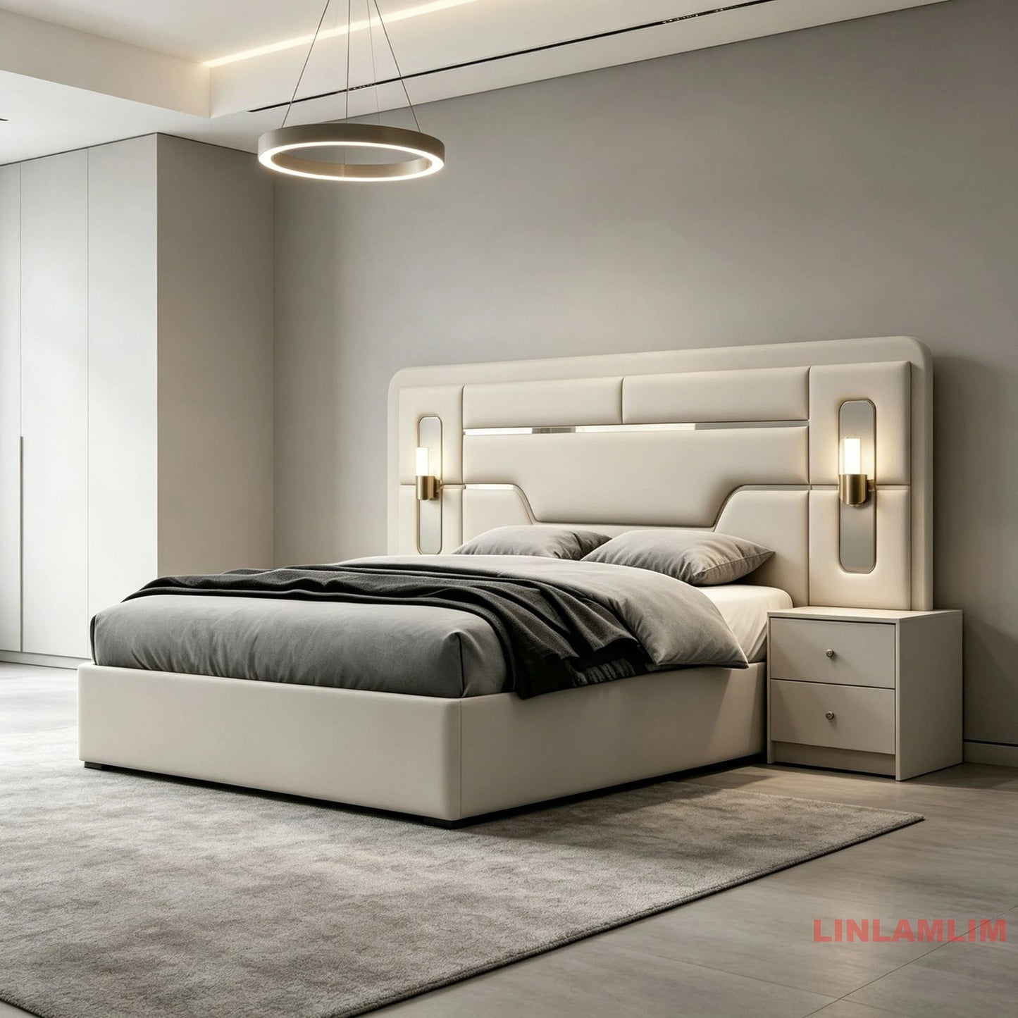 Modern Luxury Turkish style Bedroom Set – King Bed with Upholstered Headboard, Nightstands, Wardrobe with Mirrored Door, Dresser