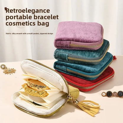 Tassel Jewelry Organizer Bag Portable Travel Case with Metal Zipper for Bracelets Jade Bangles Necklaces Rings Storage Pouch