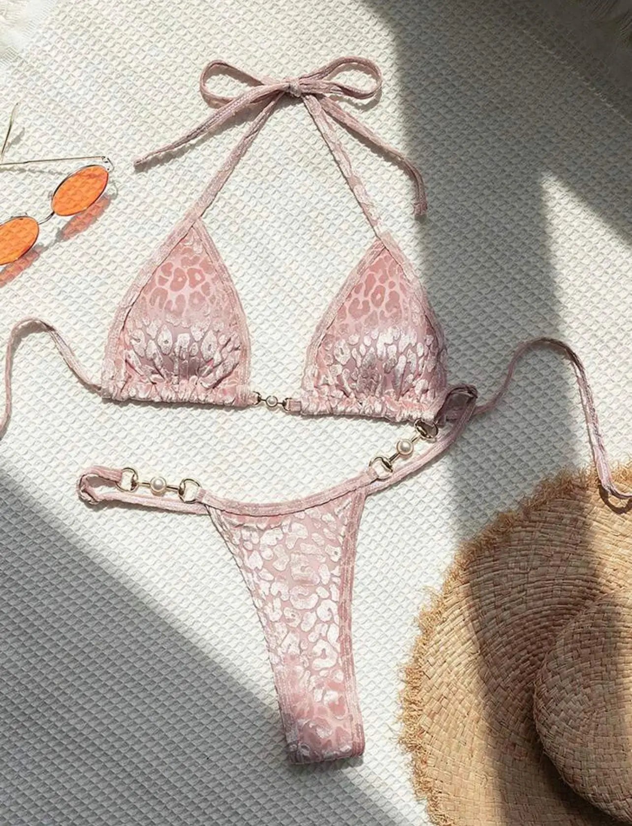 Sexy Leopard Velvet Bikini Mini Micro Thong Bikinis Women Swimwear Female Swimsuit Two-piece Bikini Set Halter Bathing Suit Swim