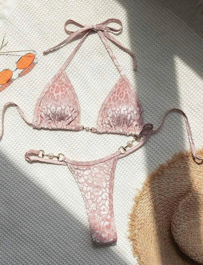 Sexy Leopard Velvet Bikini Mini Micro Thong Bikinis Women Swimwear Female Swimsuit Two-piece Bikini Set Halter Bathing Suit Swim