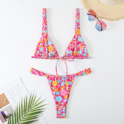 Lovely Flower Print Bikini Set Women 2024 Low Waist 2-piece Swimsuit Sexy Thong Swimwear Summer Beach Vacation Bathing Suit New