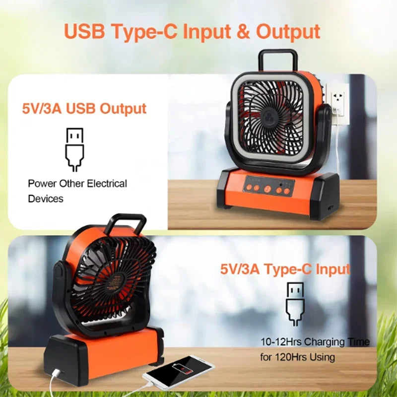 Portable Outdoor Electric Fan with LED Light, 10000mah Battery, USB Charging, Camping Fan with Hook, Ideal for Hiking, Fishing,