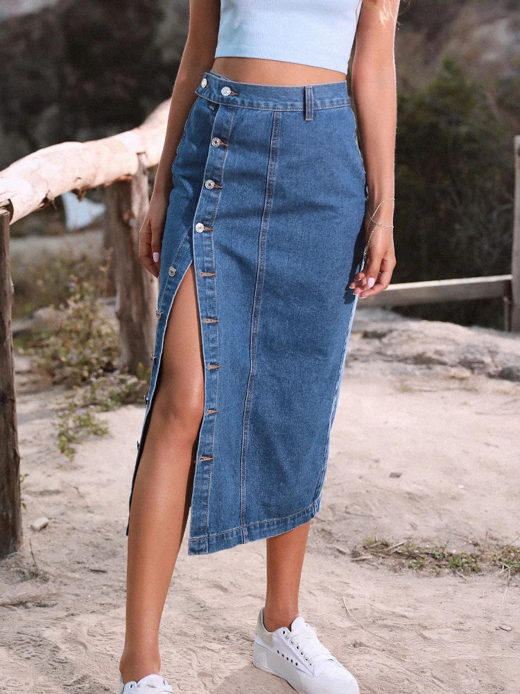 2023 Women's Button A-line Side Split High Waist Denim Skirt Office Lady Black Blue Midi Jean Skirts Autumn Winter Long Skirt