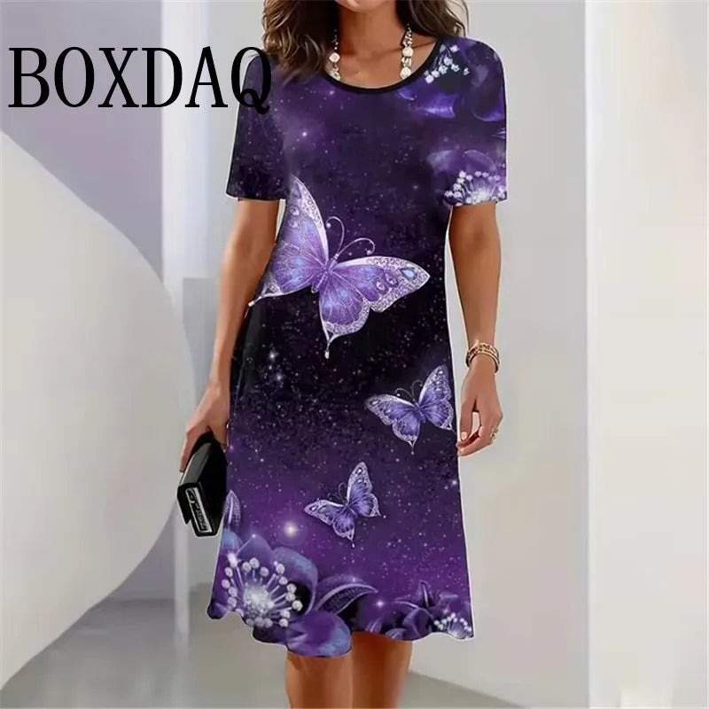 3D Butterfly Print Dress For Summer Women Party O-Neck Short Sleeve Dress Sundress Casual Elegant Ladies Loose Mini Dresses 2025