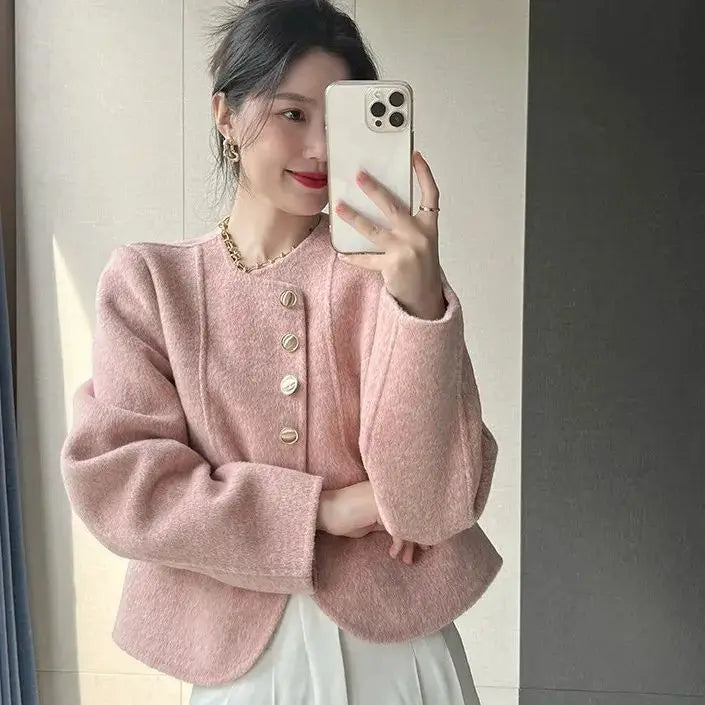 Women's New Round Neck Single-breasted Double-sided Tweed Coat Fashionable Casual and Versatile Elegant Top