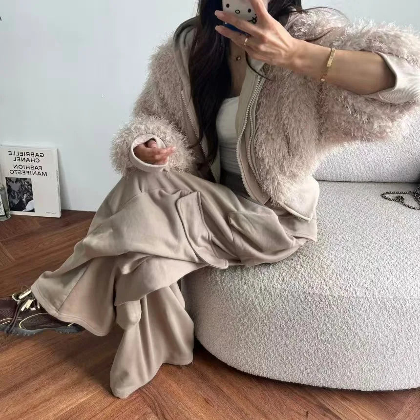 Women's Winter Thiened ort Coat Chic Loose Fit Furry Zipper Hooded Faionable Top Quali Leather Fur Stand Edition