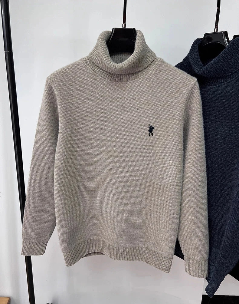 High end brand velvet sweater men's new fashion designer exquisite pony golf embroidery winter warm high neck knitted pullover
