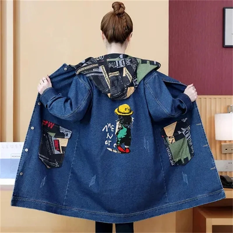 2025 Spring Autumn Denim Jacket Women Hooded Windbreaker Cartoon Printed Coat Long Outerwear Female Oversize 5XL Loose Overcoat