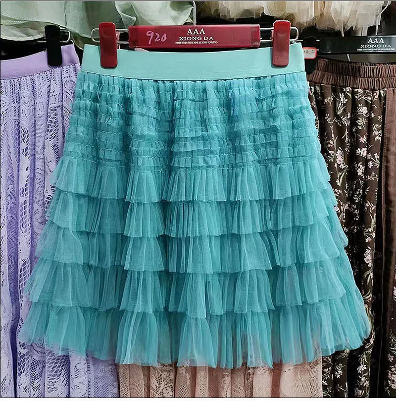 New In 2025 Summer Tulle A-Line Cake Skirts Women Elastic High Waist Tutu Short Skirt Korean Fashion Sweet Tutu Streetwear Skirt