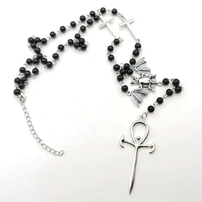 Gothic Bat Cross Rosary Necklace for Women Fashion Mystery Witch Jewelry Accessories Gift Silver Color Bat Charm Vampire Choker