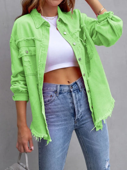 Spring Autumn Denim Women's Jacket Rough Selvedge Ripped Loose Fit Long Sleeve Korean Fashion Female Top