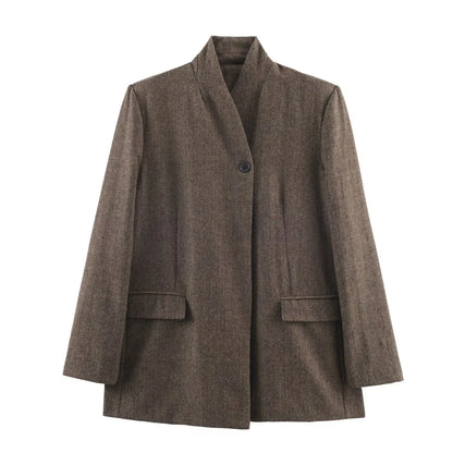 Fashion Solid Color V-neck Stand Collar Suit Jacket Women Single Breasted Long Sleeved Short Coat Lady Daily Casual Outwear New