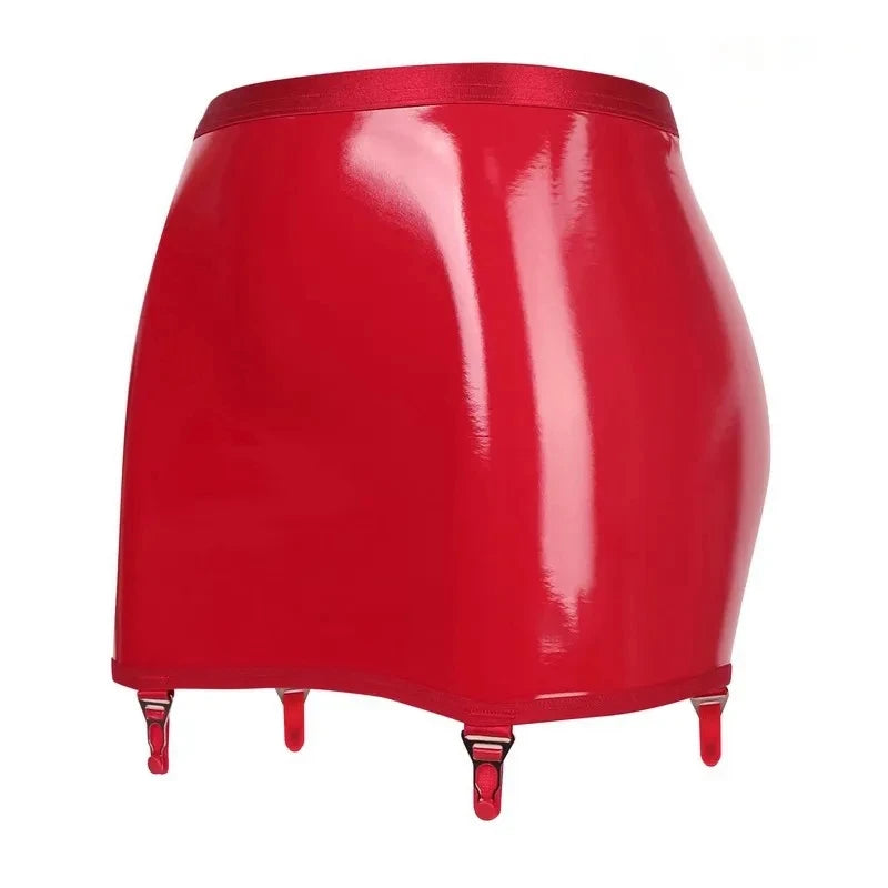 Sexy Women Oil Shiny Hip Wrap Mini Skirt With Metal Buckle Garters Belt For Stockings Female Erotic Faux Leather Clubwear