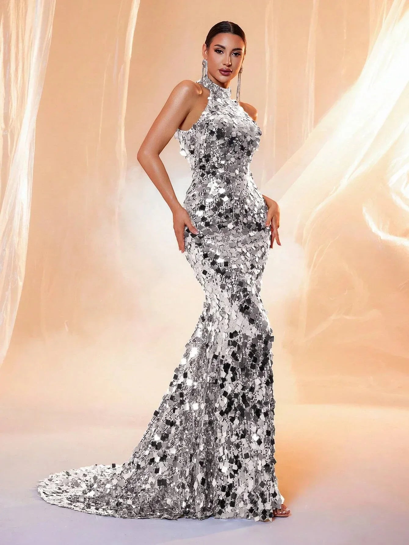 LOVE&LEMONADE Backless Sequins Halter Neck Evening Elegant Formal Prom Gown Wedding Guest Dinner Maxi Dress for Women LM86444