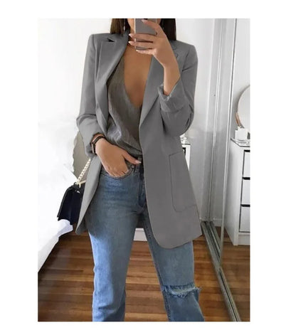 Autumn And Winter Women's Fashion Solid Color Polo Neck Slim Fit Coat Elegant Women's Long Sleeve Pocket Casual Suit Coat S-3XL