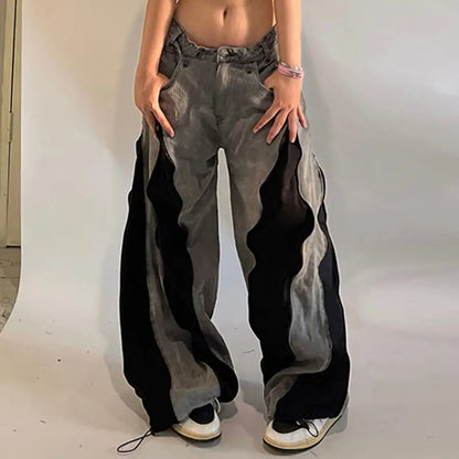 American Y2K Street Color Stitching Washed Jeans Female Y2K Harajuku Hip Hop Popular Baggy Slim Spice Girl Wide-leg Mop Pants