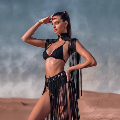Hand Crochet Knitted Women Bikini Cover Ups 2023 Summer Holiday Tassel Beach Bathing Suit Sexy Hollow Out Skirts Matching Set