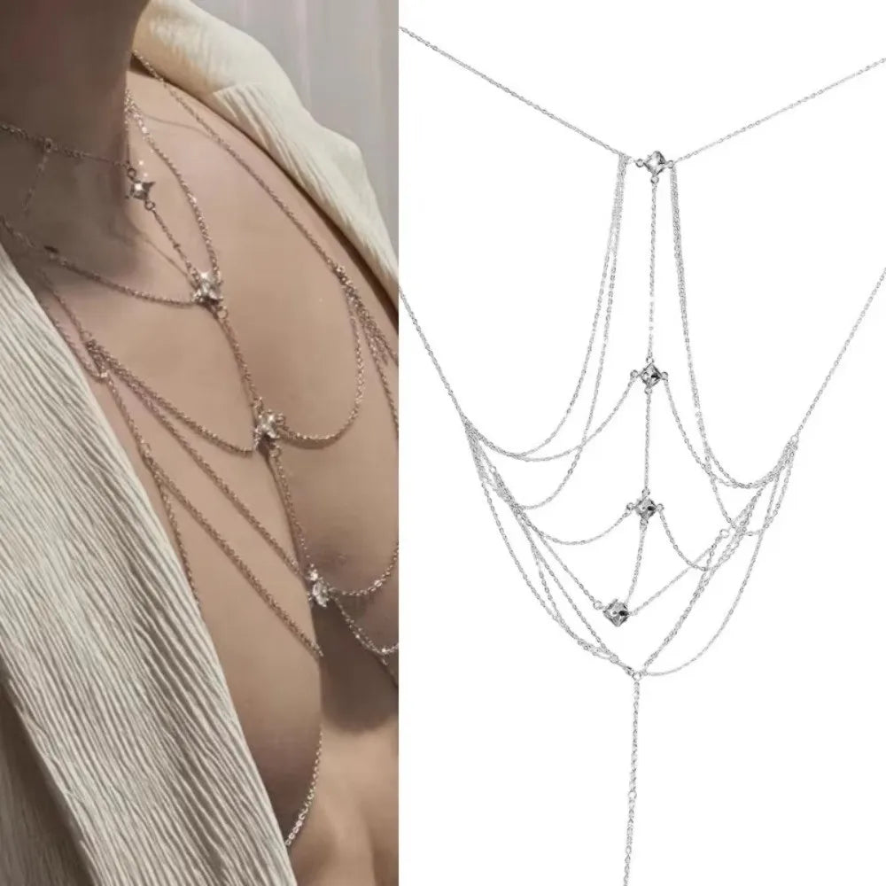 Body Jewelry Glitter Rhinestone Bust Chain Sexy Luxury Silver Body Chain Unique Trend Bikini Chest Chain Women