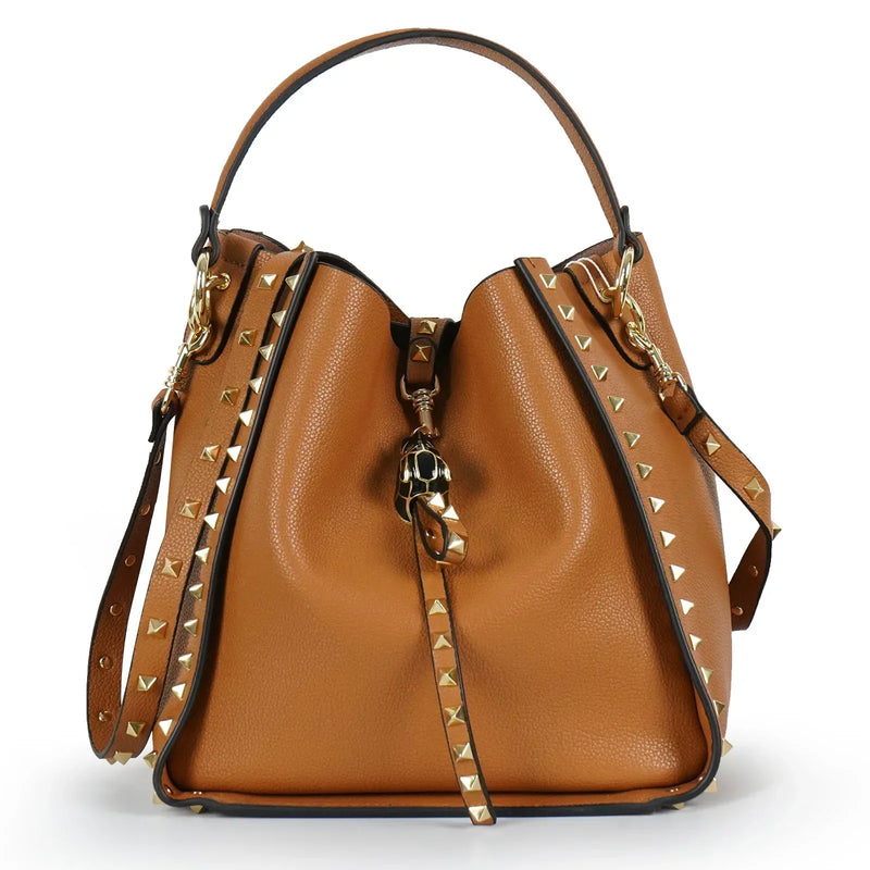 Hot Sale Women's Bucket Bag High Quality Genuine Leather Handbags Ladies Fashion Rivet Shoulder Bag Female Casual Tote 2026
