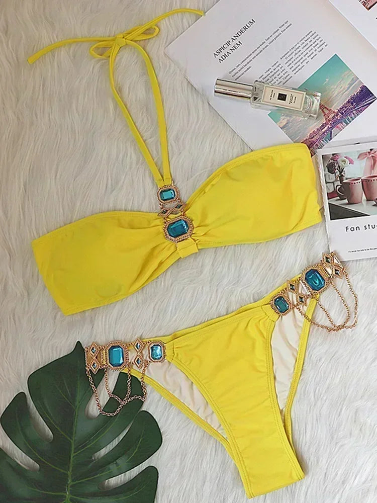 Halter Crystal Rhinestone Diamond Bikini 2025 Female Swimsuit Women Swimwear Two Pieces Bikini set Brazilian Bathing Suit Swim