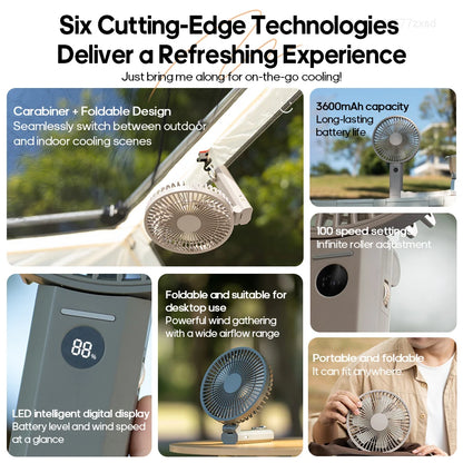 Portable Folding Handheld Fan 3600mAh Desktop Rechargeable Household Fan with LED Digital 100-speed Wind Angle Adjustable