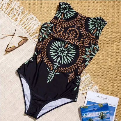 Bohemian Style High Neck One-piece Swimsuit New Women's Swimming Costume Beachwear Summer Outdoor Sports Fitness One-piece