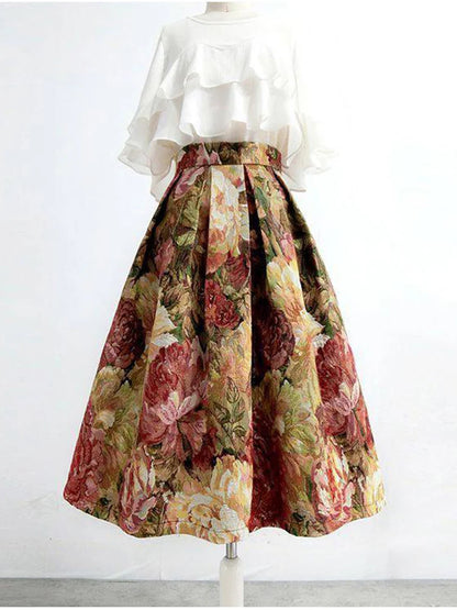 Women's Vintage Oil Painting Floral Skirt Korean Fashion High Waist Pockets Jacquard Thickened Skirts S-XXXL 2024 Spring K219
