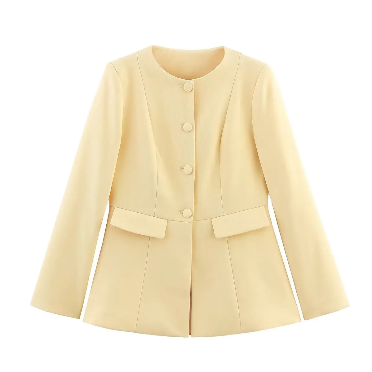 HH 2025 Elegant Women's Yellow Slim Blazer Jacket Female O-Neck Long Sleeve Single Breasted Suit Coat Lady Office Streetwear