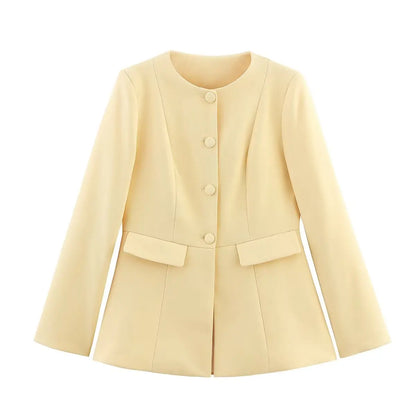 HH 2025 Elegant Women's Yellow Slim Blazer Jacket Female O-Neck Long Sleeve Single Breasted Suit Coat Lady Office Streetwear