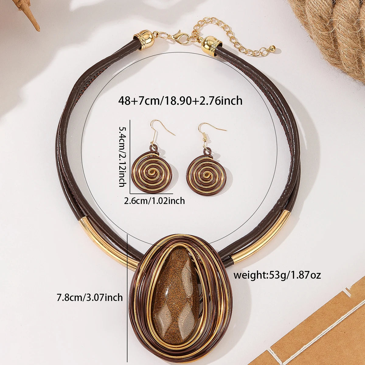 Trendy Fashion Resin Gems Aluminum Wire Woven Water Drop Pendant Necklace Earring Jewelry Set For Women Party Accessories