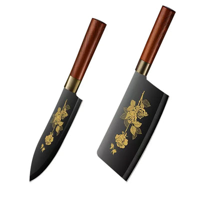 Deluxe Gold Titanium Plated Blade Fruit and Vegetable Chopper Deluxe Stainless Steel Kitchen Knife Professional Cooking Gear