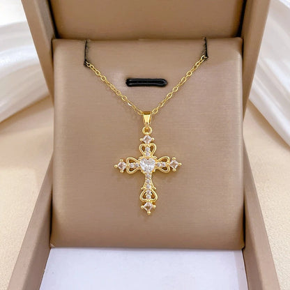 Sweet Cool Hollow Cross with Zircon Pendant Necklace for Women Girls Stainless Steel Chain Punk Cross Accessories Jewelry Gifts