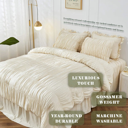 Ruched Comforter Luxury Pinch Pleat Bedding Set, Ultra Soft Washed Cotton Boho Quilt Set with Ruffled Pillow Shams 3-Piece