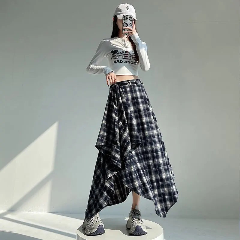 Long Skirts Women Woolen Skirt 2025 Goth Lolita Autumn Winter High Waist Ruffles Asymmetrical Plaid Skirt Maxi With Belt
