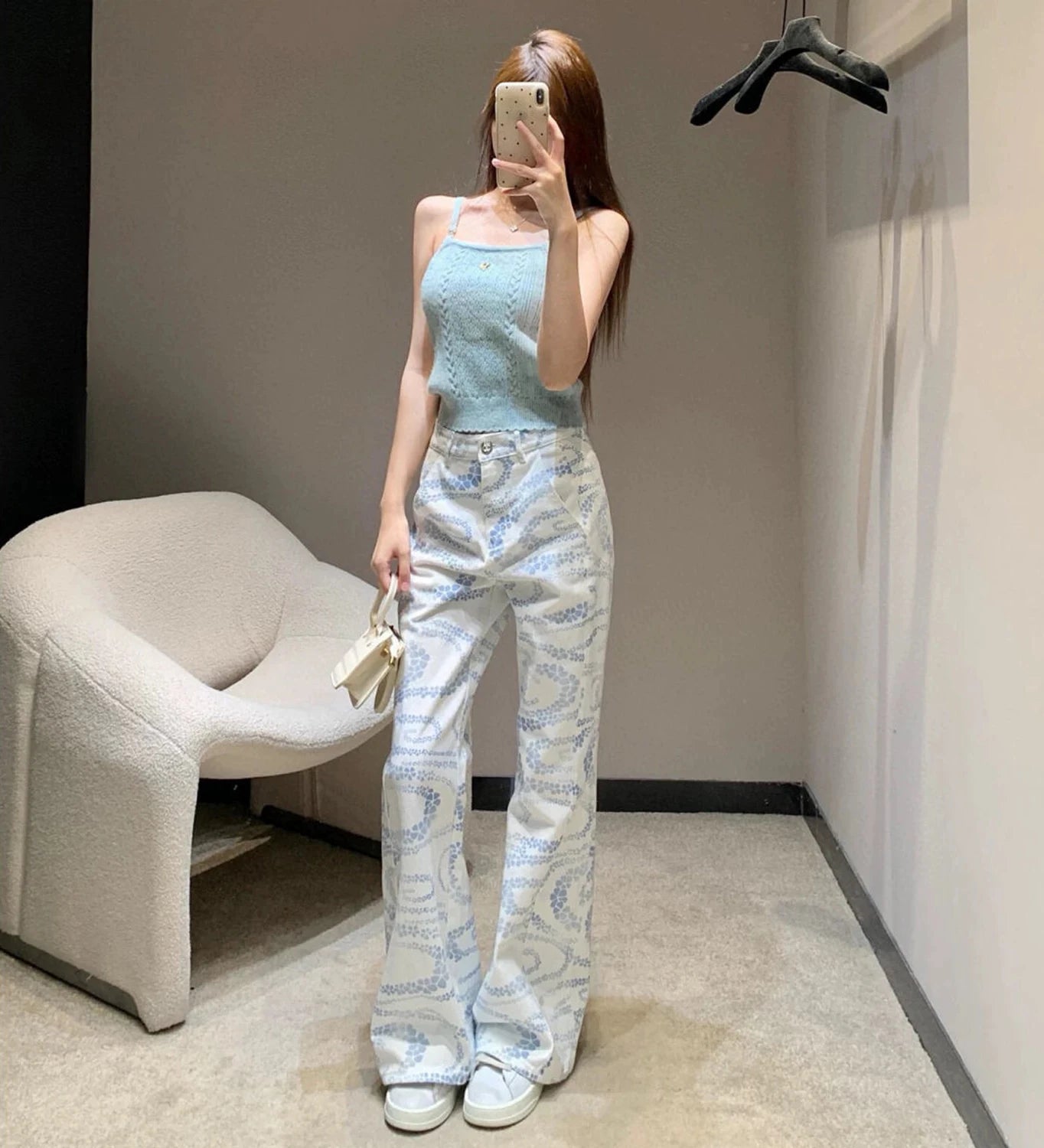 Women White Printed Jeans High Waisted Wide Leg Korean Straight Loose Casual Versatile Autumn New High Street Fashion Trousers