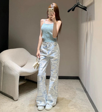 Women White Printed Jeans High Waisted Wide Leg Korean Straight Loose Casual Versatile Autumn New High Street Fashion Trousers