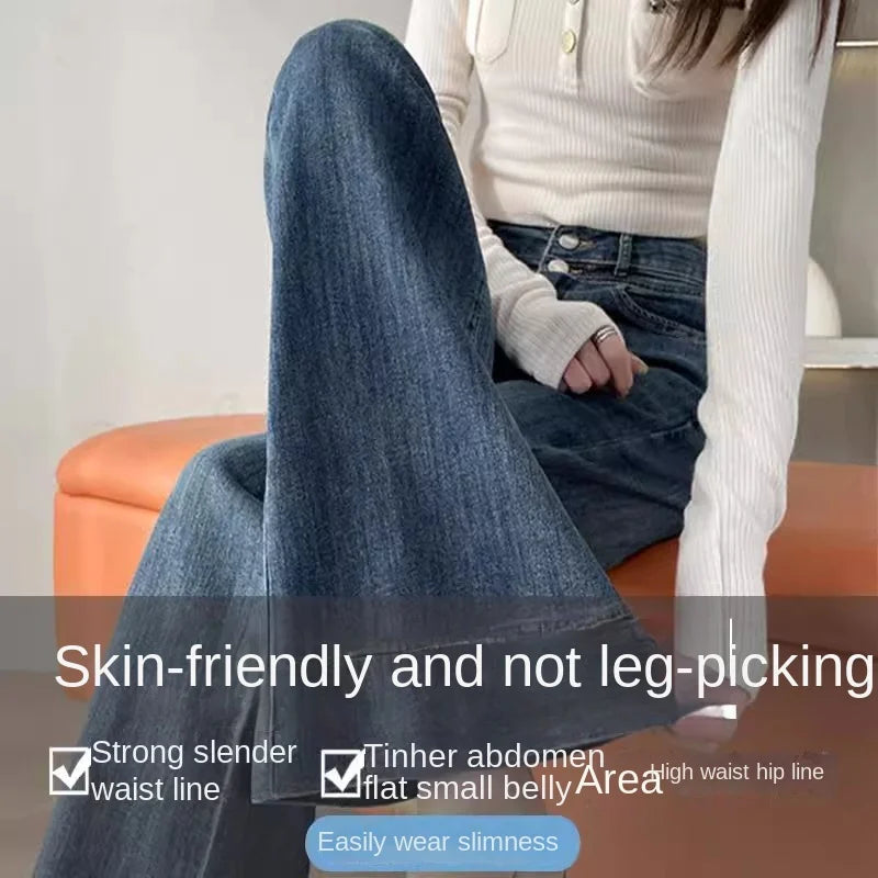 Retro Blue Jeans for Women Spring and Autumn 2025 New Ladies Draped Flared Pants High Waist Slimming Loose Wide Leg Pants