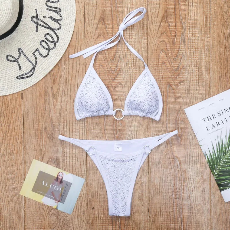 Sexy Halter Shining Rhinestone Bikini Women Swimwear Female Swimsuit Two-pieces Bikini Set Micro Bather Bathing Suit Swim Lady