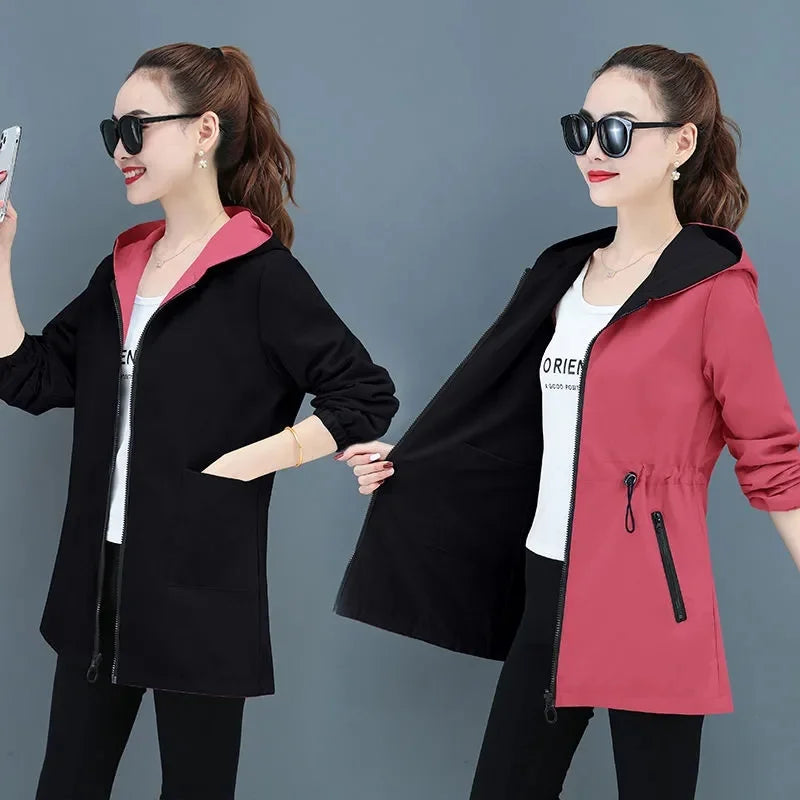 2024 New Autumn Women's Jacket Double-sided Windbreaker Female Long Sleeve Jackets Hooded Casual Basic Coat Loose Outerwear 4XL