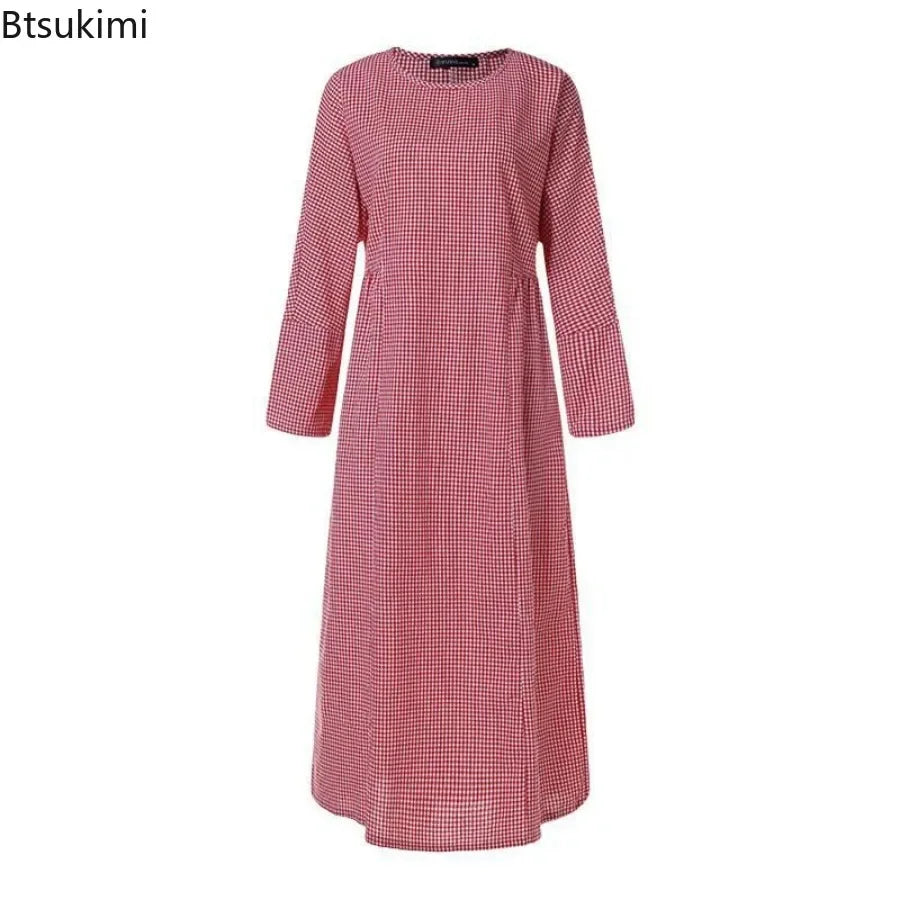 2025 Vintage Plaid Maxi Dress Women's New Cotton Linen Sundress Casual O-neck Long Sleeve Vestidos Females Check Long Skirt Robe