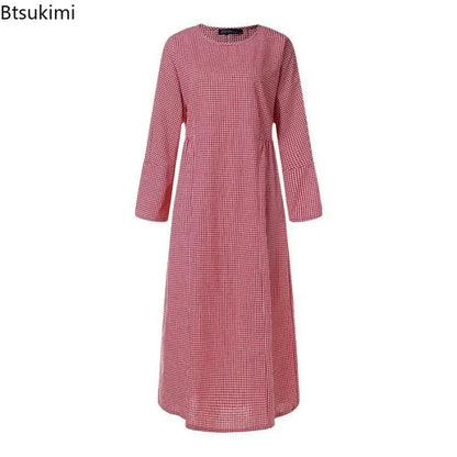 2025 Vintage Plaid Maxi Dress Women's New Cotton Linen Sundress Casual O-neck Long Sleeve Vestidos Females Check Long Skirt Robe