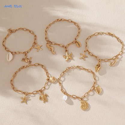 MHS.SUN Summer Starfish Conch Crab Charms Chain Bracelets Trendy Stainless Steel Ocean Style Beach Waterproof Jewelry For Women